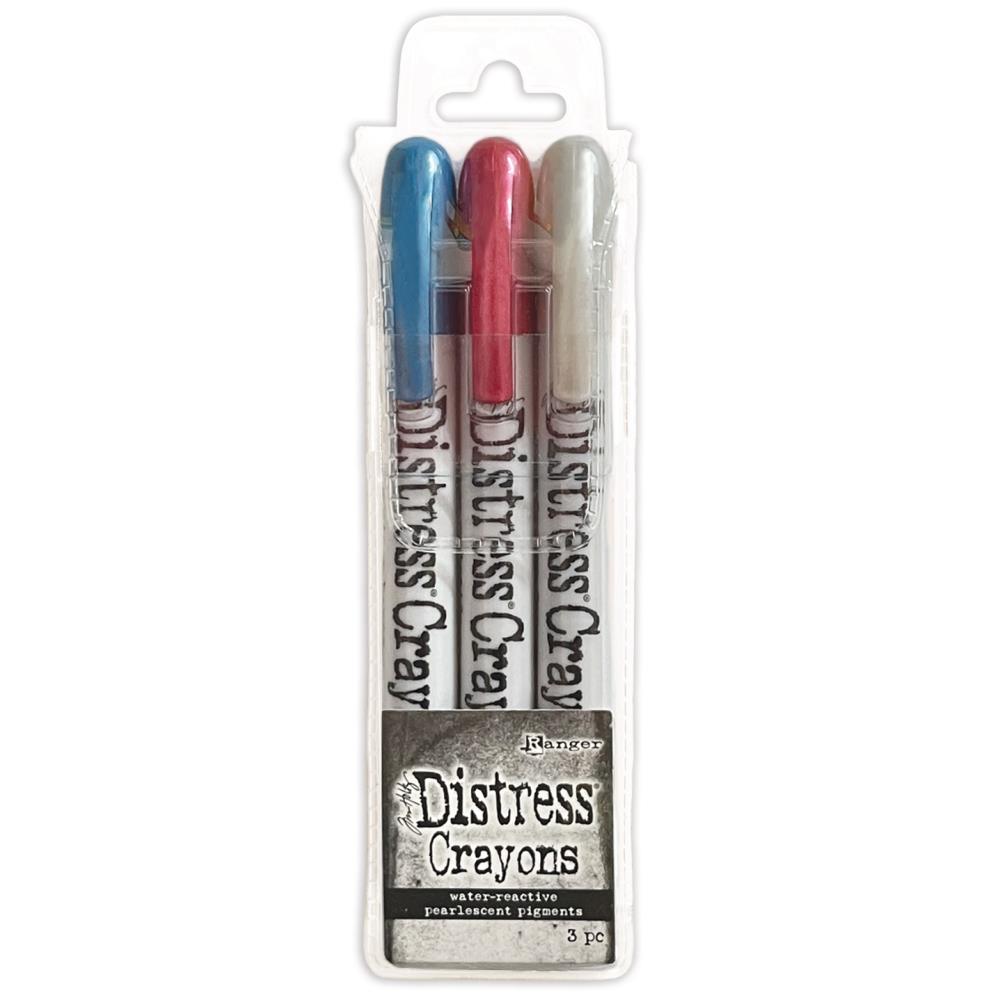 Tim Holtz - Distress Crayon Pearl Set - Holiday Set# 6. Add colorful, pearlescent shimmer to paper crafts/mixed media projects with Limited Edition Tim Holtz Distress Pearlescent Crayon Sets for the Holidays! Juniper Berry, Yuletide, Frozen Fog. Available at Embellish Away located in Bowmanville Ontario Canada.
