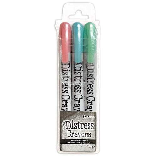 Tim Holtz - Distress Crayon Pearl Set - Holiday Set# 6. Add colorful, pearlescent shimmer to paper crafts/mixed media projects with Limited Edition Tim Holtz Distress Pearlescent Crayon Sets for the Holidays! Sugary Gumdrop, Wonderland, Frosty Mint. Available at Embellish Away located in Bowmanville Ontario Canada.