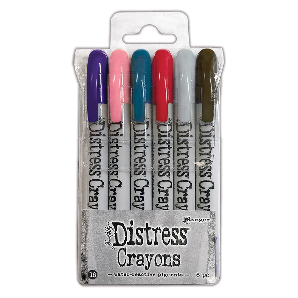 Ranger - Tim Holtz - Distress Crayon Set - Set #16. Distress Crayons to get vibrant coloring effects on porous surfaces. Colours include: Scorched Timber, Lost Shadow, Lumberjack Plaid, Uncharted Mariner, Saltwater Taffy, Villainous Potion. Available at Embellish Away located in Bowmanville Ontario Canada.