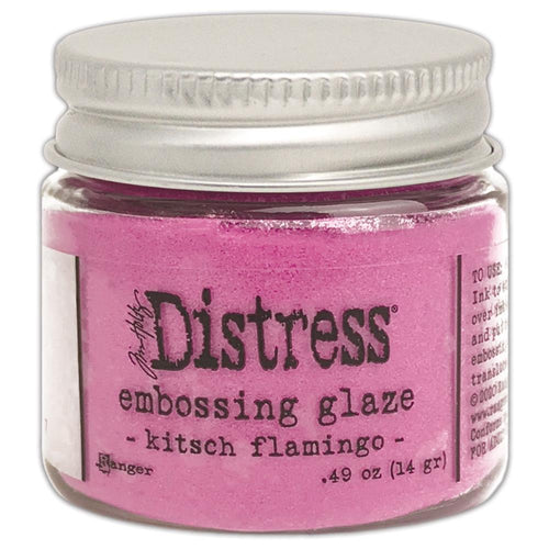 Tim Holtz - Distress Embossing Glaze - Kitsch Flamingo. Add dimension to your projects with new embossing glaze! These translucent embossing powders are ideal for layering on surfaces. Available at Embellish Away located in Bowmanville Ontario Canada.