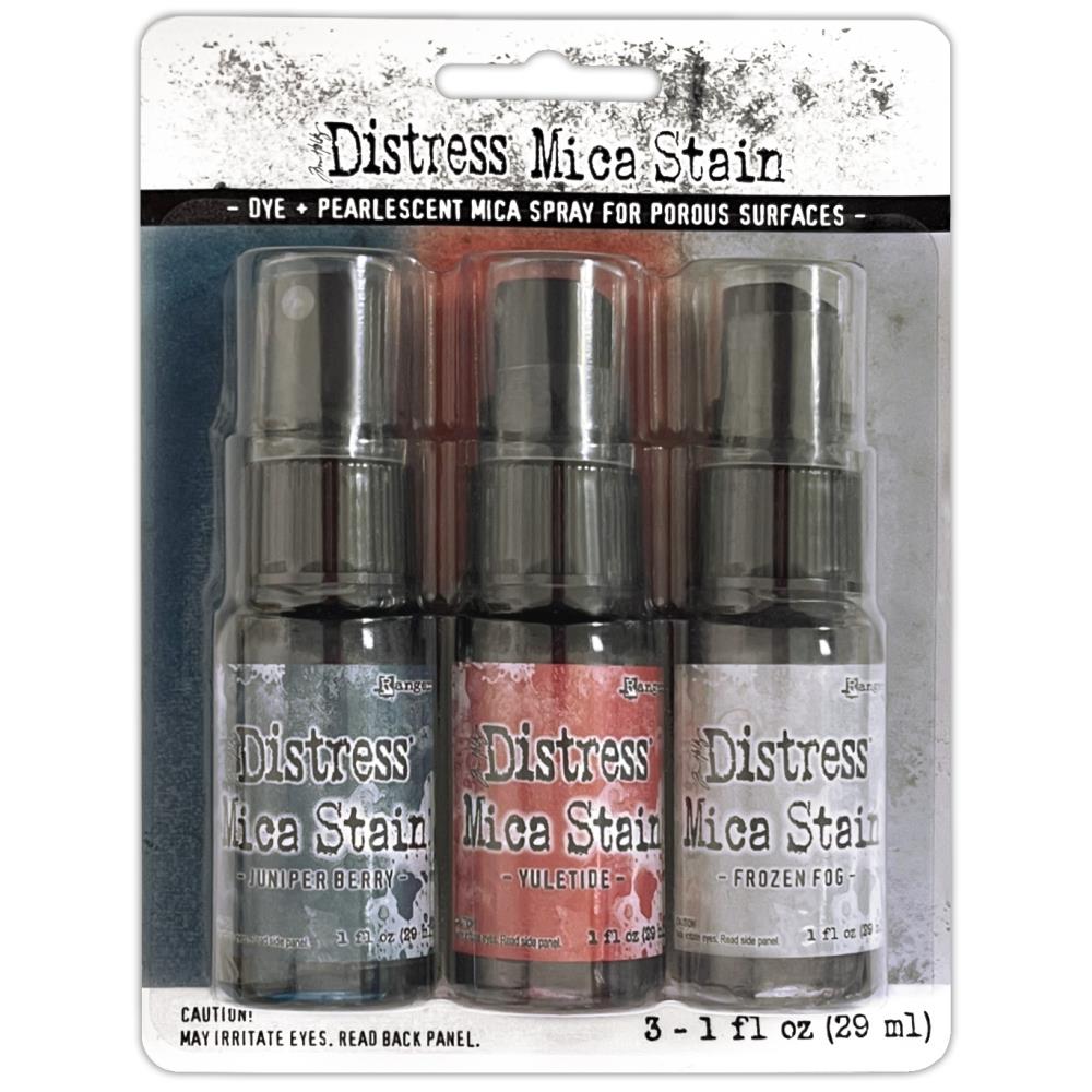 Tim Holtz - Distress Mica Stain Set - Holiday Set# 5. Limited supplies release. Includes colors Juniper Berry, Yuletide and Frozen Fog. Available at Embellish Away located in Bowmanville Ontario Canada.