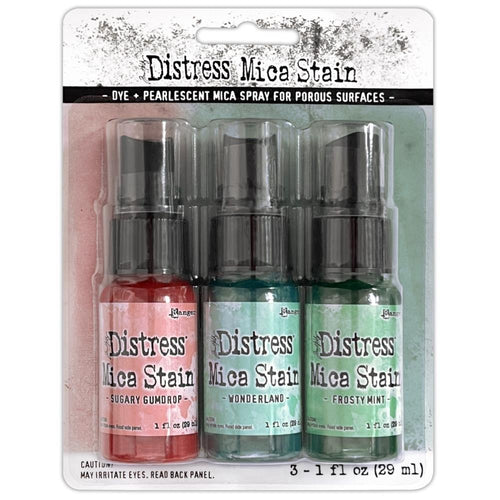 Tim Holtz - Distress Mica Stain Set - Holiday Set# 6. Limited supplies release. Includes colors Sugary Gumdrop, Wonderland and Frosty Mint. Available at Embellish Away located in Bowmanville Ontario Canada.