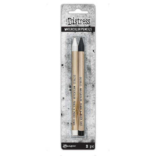 Tim Holtz - Distress Watercolor Pencil - 2 Pack - Picket Fence & Black Soot. Tim Holtz Distress pencils are woodless watercolor pencils formulated to achieve vibrant coloring effects on porous surface. Available at Embellish Away located in Bowmanville Ontario Canada.