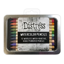 Charger l&#39;image dans la galerie, Tim Holtz - Distress Watercolor Pencils 12/Pkg Set 4. These are woodless watercolor pencils formulated to achieve vibrant coloring effects on porous surfaces. Water-reactive pigments are ideal for water coloring, shading, sketching, etc. Available at Embellish Away located in Bowmanville Ontario Canada.
