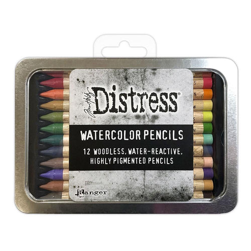 Tim Holtz - Distress Watercolor Pencils 12/Pkg Set 4. These are woodless watercolor pencils formulated to achieve vibrant coloring effects on porous surfaces. Water-reactive pigments are ideal for water coloring, shading, sketching, etc. Available at Embellish Away located in Bowmanville Ontario Canada.