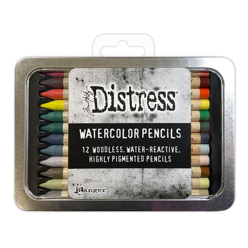 Tim Holtz - Distress Watercolor Pencils 12/Pkg Set 5. These are woodless watercolor pencils formulated to achieve vibrant coloring effects on porous surfaces. Water-reactive pigments are ideal for water coloring, shading, sketching, etc. Available at Embellish Away located in Bowmanville Ontario Canada.