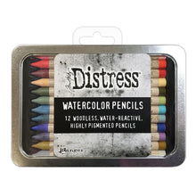Load image into Gallery viewer, Tim Holtz - Distress Watercolor Pencils 12/Pkg Set 6. These are woodless watercolor pencils formulated to achieve vibrant coloring effects on porous surfaces. Water-reactive pigments are ideal for water coloring, shading, sketching, etc. Available at Embellish Away located in Bowmanville Ontario Canada.
