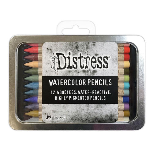 Tim Holtz - Distress Watercolor Pencils 12/Pkg Set 6. These are woodless watercolor pencils formulated to achieve vibrant coloring effects on porous surfaces. Water-reactive pigments are ideal for water coloring, shading, sketching, etc. Available at Embellish Away located in Bowmanville Ontario Canada.