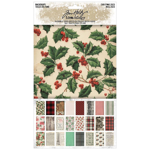 Tim Holtz - Idea-Ology - Backdrops - Christmas 2023. An assortment of 6X10, double-sided papers inspired by vintage documents, advertisements, textures, patterns, wallpapers, and surfaces in a holiday color palette. Available at Embellish Away located in Bowmanville Ontario Canada.