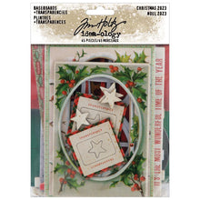 Load image into Gallery viewer, Tim Holtz - Idea-Ology - Baseboards + Transparencies - Christmas 2023. These book board thickness pieces are great for layering to add depth and dimension. This pack includes festive frames, seasonal words, and vintage- inspired elements. Available at Embellish Away located in Bowmanville Ontario Canada.
