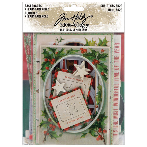 Tim Holtz - Idea-Ology - Baseboards + Transparencies - Christmas 2023. These book board thickness pieces are great for layering to add depth and dimension. This pack includes festive frames, seasonal words, and vintage- inspired elements. Available at Embellish Away located in Bowmanville Ontario Canada.