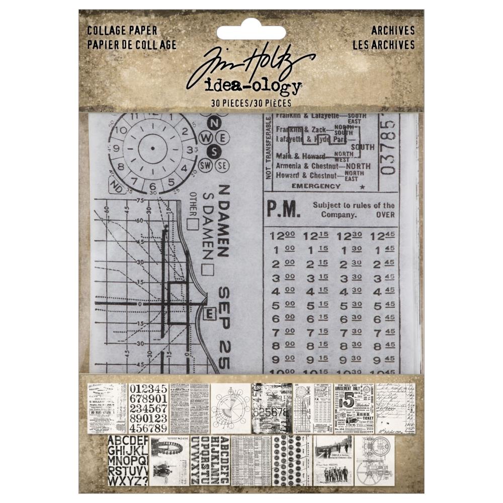 Tim Holtz - Idea-ology - Collage Paper Archives - 30 Pieces. Discover Tim Holtz Collage Paper Archives. These semi-transparent decoupage papers feature vintage decorative designs ideal for canvas, furniture, junk journals, and mixed media. Available at Embellish Away located in Bowmanville Ontario Canada.