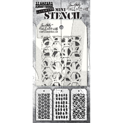 Tim Holtz - Mini Layered Stencil Set - 3/Pkg - Set #55. Add dimension to a project by using color variations or different colors in the open spaces of the stencils. Use the stencils with a variety of mediums to add texture. Available at Embellish Away located in Bowmanville Ontario Canada.
