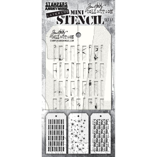 Tim Holtz - Mini Layered Stencil Set - 3/Pkg - Set #57. Add dimension to a project by using color variations or different colors in the open spaces of the stencils. Use the stencils with a variety of mediums to add texture. Available at Embellish Away located in Bowmanville Ontario Canada.