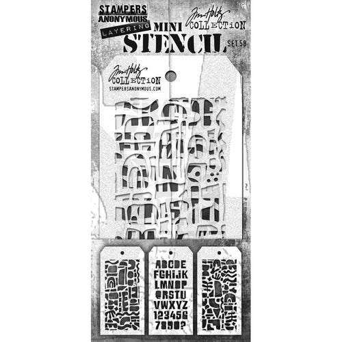 Tim Holtz - Mini Layered Stencil Set - 3/Pkg - #58. Add dimension to a project by using color variations or different colors in the open spaces of the stencils. Use the stencils with a variety of mediums to add texture. Available at Embellish Away located in Bowmanville Ontario Canada.