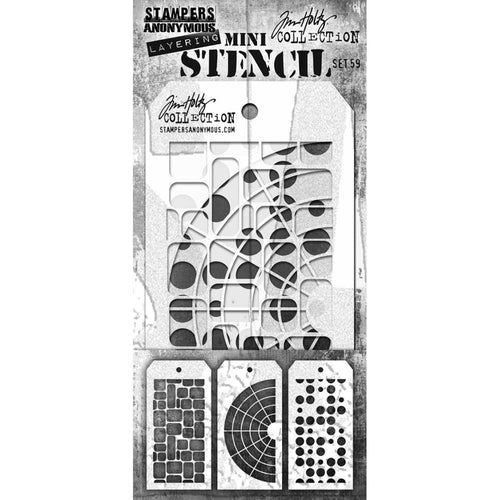 Tim Holtz - Mini Layered Stencil Set - 3/Pkg - #59. Add dimension to a project by using color variations or different colors in the open spaces of the stencils. Use the stencils with a variety of mediums to add texture. Available at Embellish Away located in Bowmanville Ontario Canada.