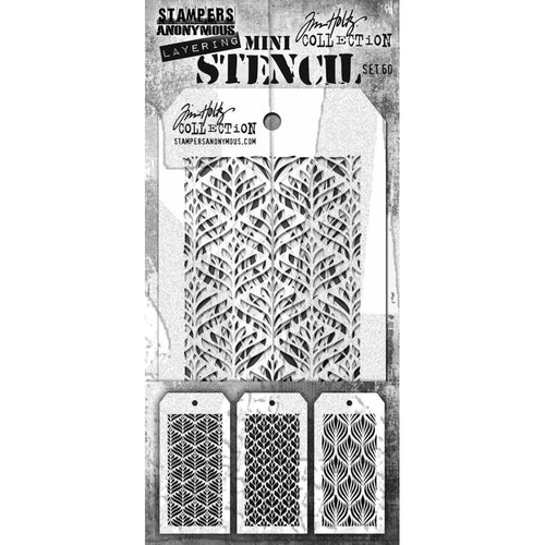 Tim Holtz - Mini Layered Stencil Set - 3/Pkg - #60. Add dimension to a project by using color variations or different colors in the open spaces of the stencils. Use the stencils with a variety of mediums to add texture. Available at Embellish Away located in Bowmanville Ontario Canada.