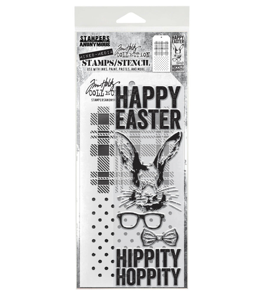 Tim Holtz - Mixed Media Clear Stamp & Stencil - Hipster Bunny. Available at Embellish Away located in Bowmanville Ontario Canada.