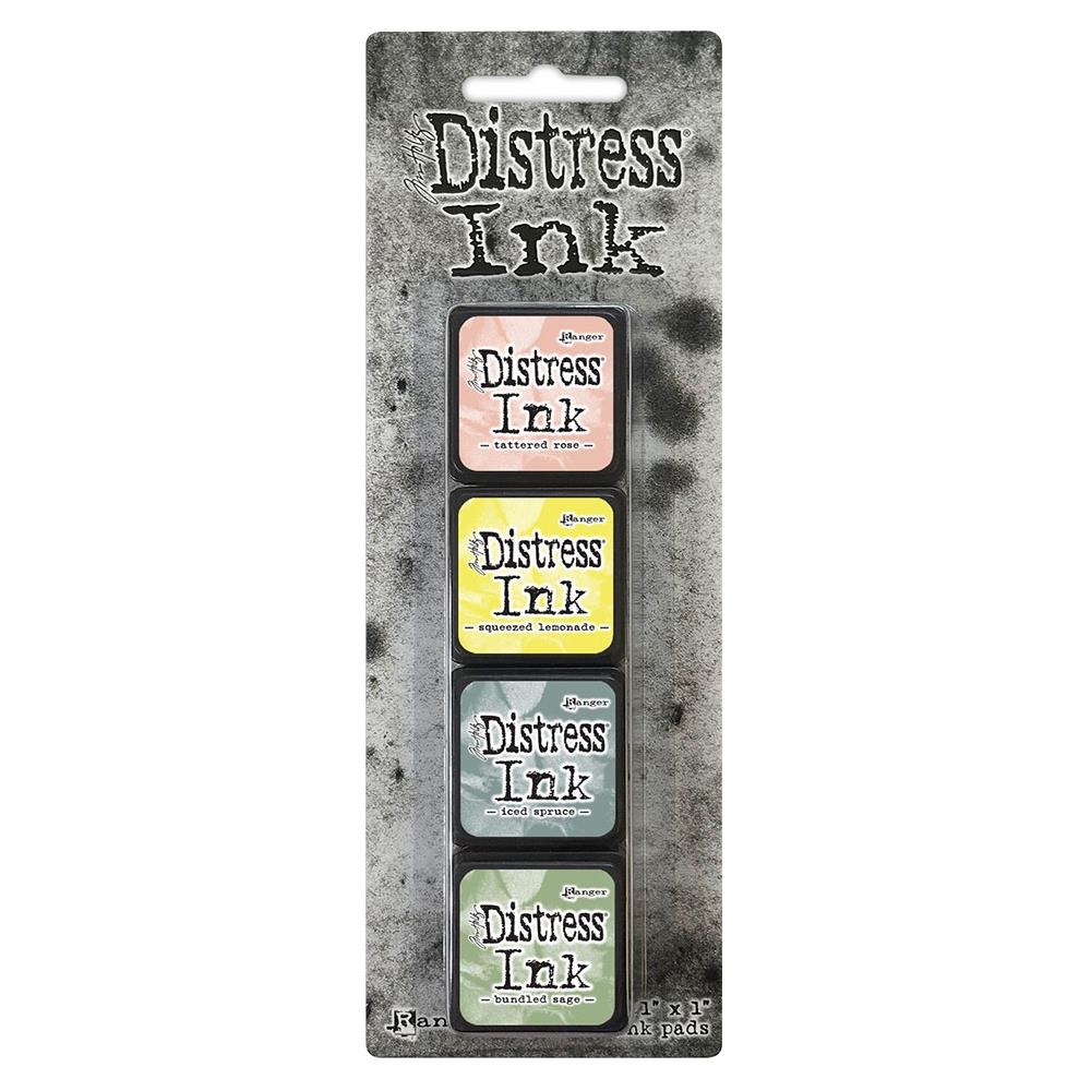 Ranger - Tim Holtz Distress Mini Ink Pads 4/Pkg - Kit #10. this package includes the colours: Tattered Rose, Squeezed Lemonade, Iced Spruce, Bundled Sage. Available at Embellish Away located in Bowmanville Ontario Canada.