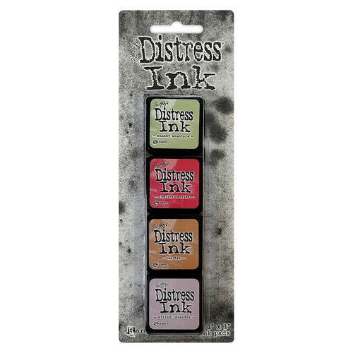Ranger - Tim Holtz Distress Mini Ink Pads 4/Pkg - Kit #11. this package includes the colours: Shabby Shutters, Festive Berries, Tea Dye, Milled Lavender. Available at Embellish Away located in Bowmanville Ontario Canada.