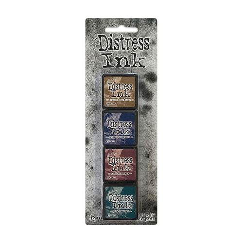 Ranger - Tim Holtz Distress Mini Ink Pads 4/Pkg - Kit #12. this package includes the colours: Brushed Corduroy, Chipped Sapphire, Aged Mahogany, Pine Needles. Available at Embellish Away located in Bowmanville Ontario Canada.