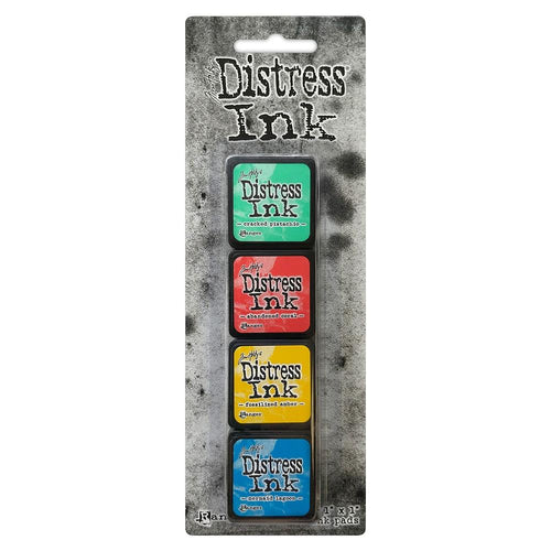 Ranger - Tim Holtz Distress Mini Ink Pads 4/Pkg - Kit #13. this package includes the colours: Cracked Pistachio, Abandoned Coral, Fossilized Amber, Mermaid Lagoon. Available at Embellish Away located in Bowmanville Ontario Canada.