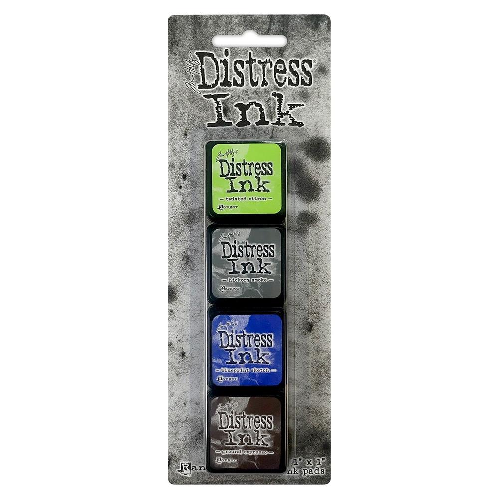 Ranger - Tim Holtz Distress Mini Ink Pads 4/Pkg - Kit #14. this package includes the colours: Twisted Citron, Hickory Smoke, Blueprint Sketch, Ground Espresso. Available at Embellish Away located in Bowmanville Ontario Canada.