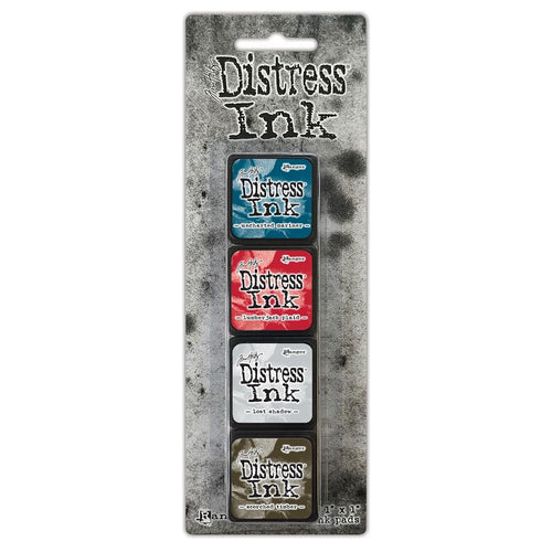 Ranger - Tim Holtz Distress Mini Ink Pads 4/Pkg - Kit #18. this package includes the colours: Scorched Timber, Lost Shadow, Lumberjack Plaid, Uncharted Mariner. Available at Embellish Away located in Bowmanville Ontario Canada.