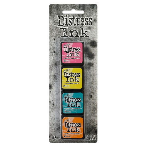 Ranger - Tim Holtz Distress Mini Ink Pads 4/Pkg - Kit #1. this package includes the colours: Picked Raspberry, Mustard Seed, Peacock Feathers, Spiced Marmalade. Available at Embellish Away located in Bowmanville Ontario Canada.