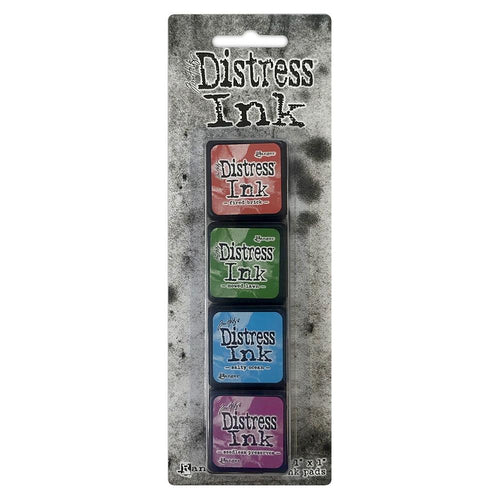 Ranger - Tim Holtz Distress Mini Ink Pads 4/Pkg - Kit #2. this package includes the colours: Fired Brick, Mowed Lawn, Salty Ocean, Seedless Preserves. Available at Embellish Away located in Bowmanville Ontario Canada.