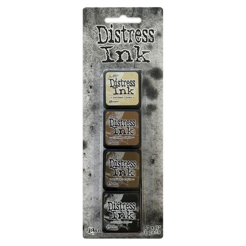 Ranger - Tim Holtz Distress Mini Ink Pads 4/Pkg - Kit #3. this package includes the colours: Antique Linen, Vintage Photo, Walnut Stain, Black Soot. Available at Embellish Away located in Bowmanville Ontario Canada.