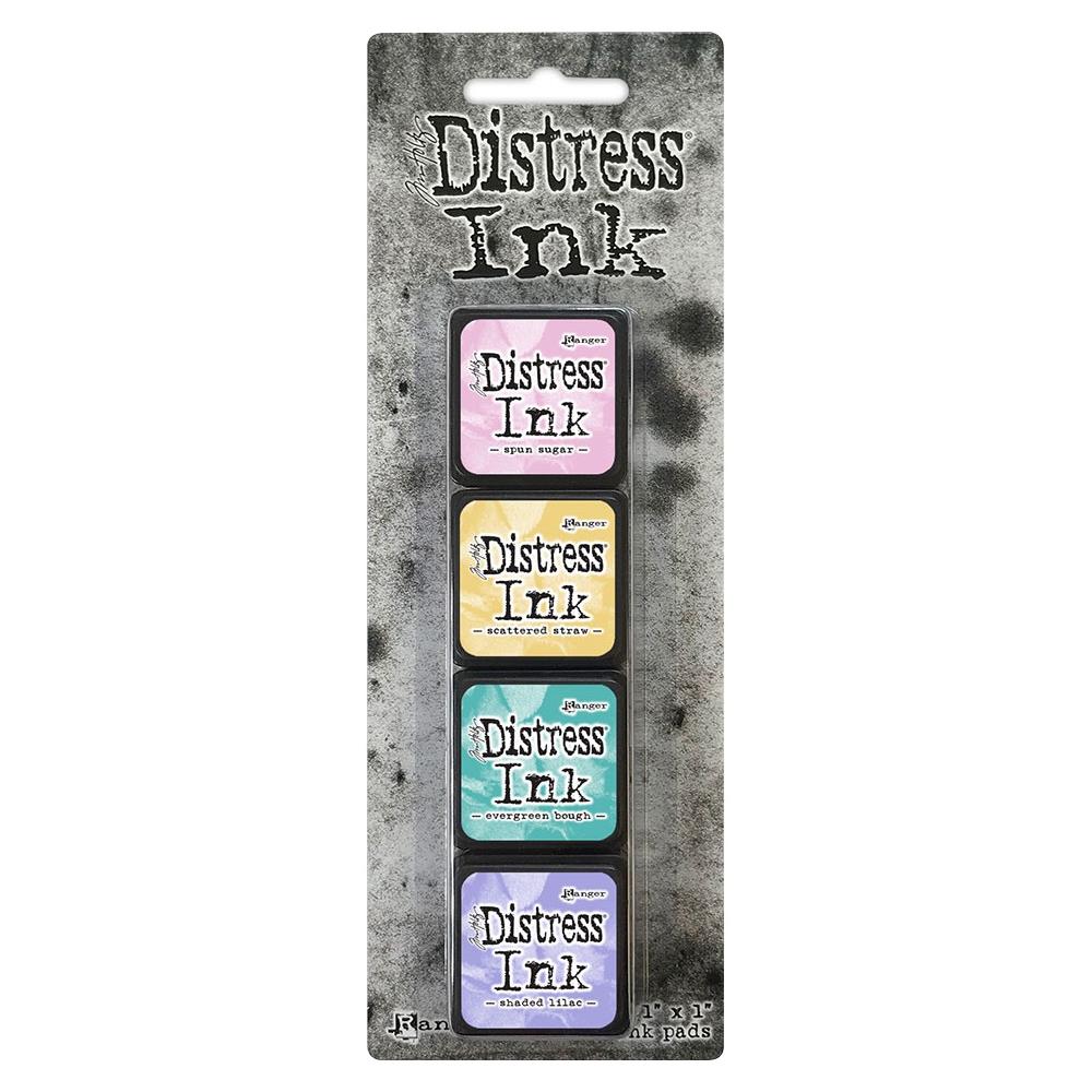 Ranger - Tim Holtz Distress Mini Ink Pads 4/Pkg - Kit #4. this package includes the colours: Spun Sugar, Scattered Straw, Evergreen Bough, Shaded Lilac. Available at Embellish Away located in Bowmanville Ontario Canada.