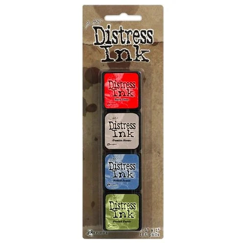 Ranger - Tim Holtz Distress Mini Ink Pads 4/Pkg - Kit #5. this package includes the colours: Barn Door, Pumice Stone, Faded Jeans, and Peeled Paint. Available at Embellish Away located in Bowmanville Ontario Canada.