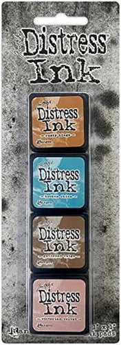 Ranger - Tim Holtz Distress Mini Ink Pads 4/Pkg - Kit #6. this package includes the colours: Rusty Hinge, Broken China, Gathered Twigs, Victorian Velvet. Available at Embellish Away located in Bowmanville Ontario Canada.