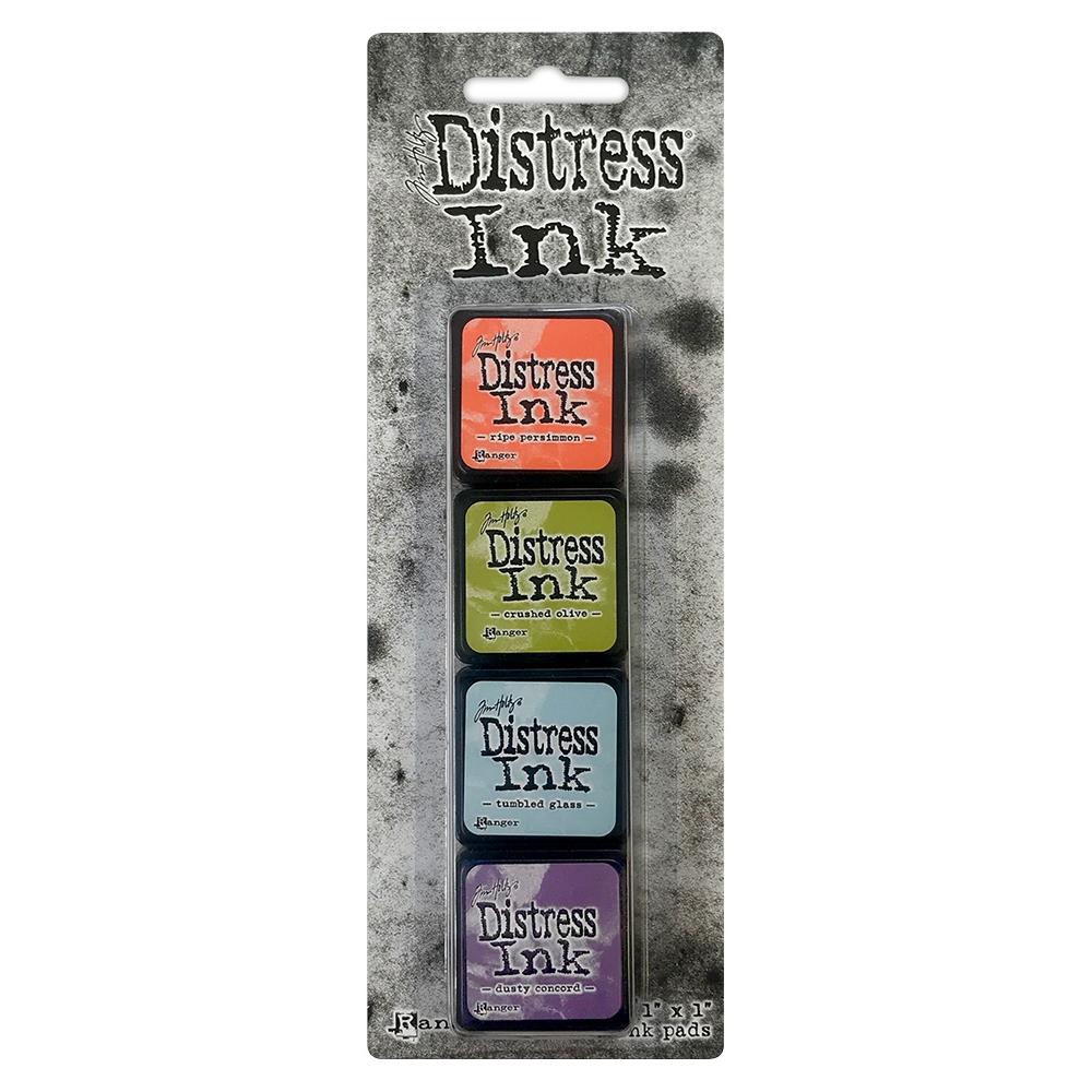 Ranger - Tim Holtz Distress Mini Ink Pads 4/Pkg - Kit #8. this package includes the colours: Riper Persimmon, Crushed Olive, Tumbled Glass, Dusty Concord. Available at Embellish Away located in Bowmanville Ontario Canada.
