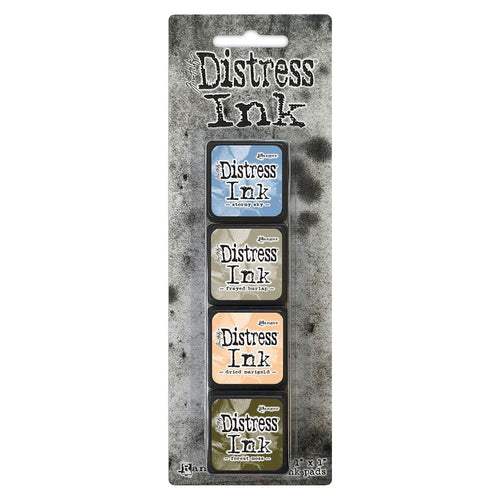 Ranger - Tim Holtz Distress Mini Ink Pads 4/Pkg - Kit #9. this package includes the colours: Stormy Sky, Frayed Burlap, Dried Marigold, Forest Moss. Available at Embellish Away located in Bowmanville Ontario Canada.
