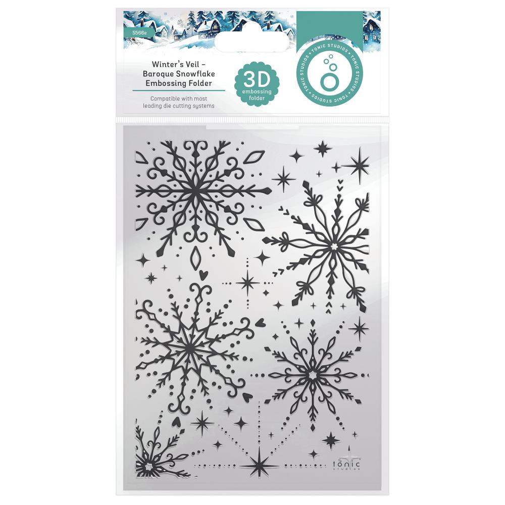 Tonic Studios - 3D Embossing Folder - Baroque Snowflake - Winter's Veil. Introducing the Winter's Veil collection, featuring outstanding products and imagery that beautifully capture the essence of a winter's night. Available at Embellish Away located in Bowmanville Ontario Canada.