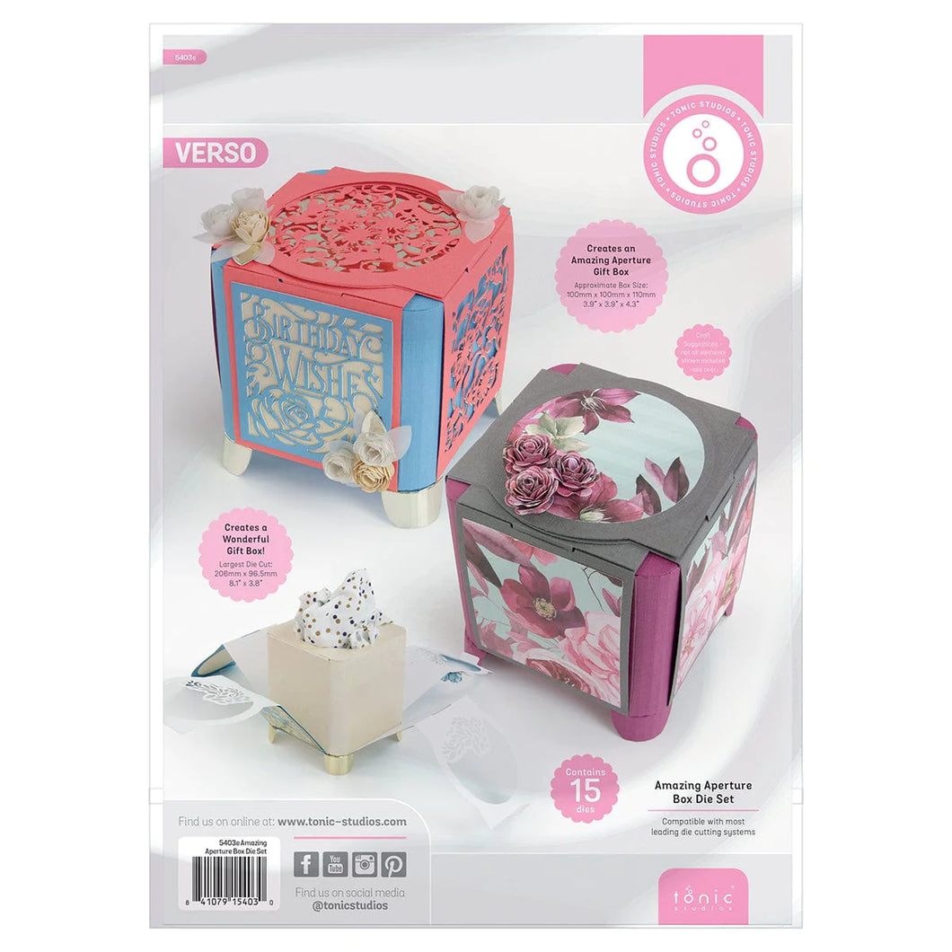 Tonic Studios - Die Set - Amazing Aperture Box. Craft sensational boxes, memory books, interactive cards and more with the Dimensions range of three-dimensional dies! Available at Embellish Away located in Bowmanville Ontario Canada.