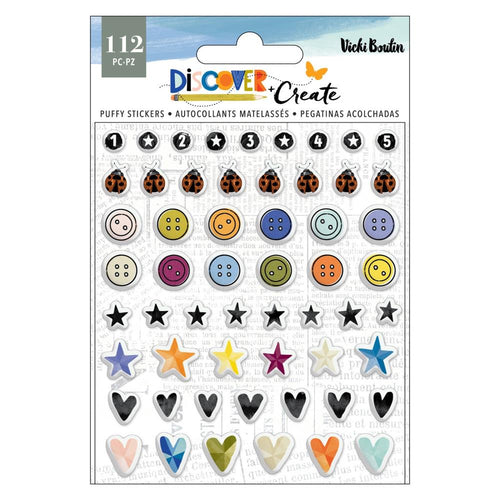 Vicki Boutin - Mini Puffy Stickers - 112/Pkg - Discover + Create. Discover + Create encompasses mixed and interesting design elements. A palette of rich and neutral shades including jewel tones contrasting with greys and creams creating pops of color! Available at Embellish Away located in Bowmanville Ontario Canada.