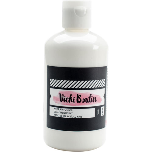Vicki Boutin - Mixed Media Acrylic Gel - 8oz Matte. Add texture and surface dimension. Use on wood, canvas and other surfaces. Also ideal for use on a decoupage medium. This package contains 8oz of acrylic gel. Acid free. Available at Embellish Away located in Bowmanville Ontario Canada.