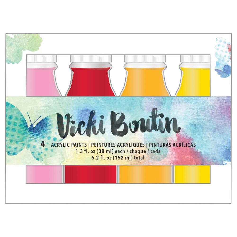 Vicki Boutin - Mixed Media Acrylic Paint - 4/Pkg - Set 1. American Crafts-Vicki Boutin Mixed Media Acrylic Paint. This package contains four 1.4oz containers of acrylic paint in assorted colors. Available at Embellish Away located in Bowmanville Ontario Canada.