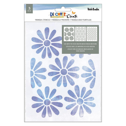 Vicki Boutin - Stencil Pack - 3/Pkg - Tranquil - Discover + Create. Use them as masks or stencils. Pair with Vicki Boutin mediums for beautiful projects in no time. This package contains 3 stencils in a 6X8.5 inch size. Available at Embellish Away located in Bowmanville Ontario Canada.