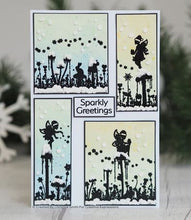 Load image into Gallery viewer, This stamp provides multiple opportunities of use for standard size cards, slim line, layouts and more, giving these stamps versatility.  Sprinkle of Magic - This rubber stamp features Christmas Fairies in a woodland setting with some snow elements.   Stamp measures to the approx. size: 3.9 x 8.3 inches Available at Embellish Away located in Bowmanville Ontario Canada.

