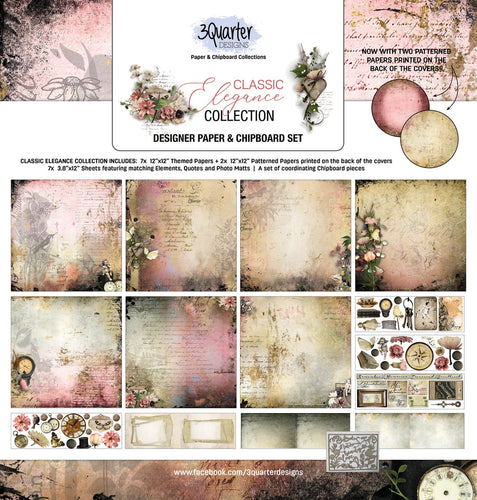 3Quarter Designs - Classic Elegance Collection. We have included on the back of each kit a series of photos showing a suggested scrapbooking ‘set of 6 layouts created from that particular collection – up to a 3/4 finished stage (thus the name).Available at Embellish Away located in Bowmanville Ontario Canada.
