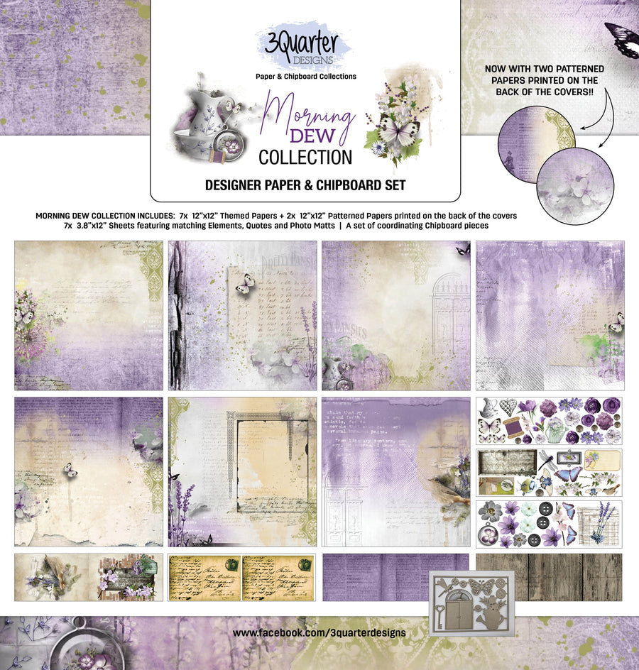 3Quarter Designs - Morning Dew Collection. We have included on the back of each kit a series of photos showing a suggested scrapbooking ‘set of 6 layouts created from that particular collection – up to a 3/4 finished stage (thus the name). Available at Embellish Away located in Bowmanville Ontario Canada.