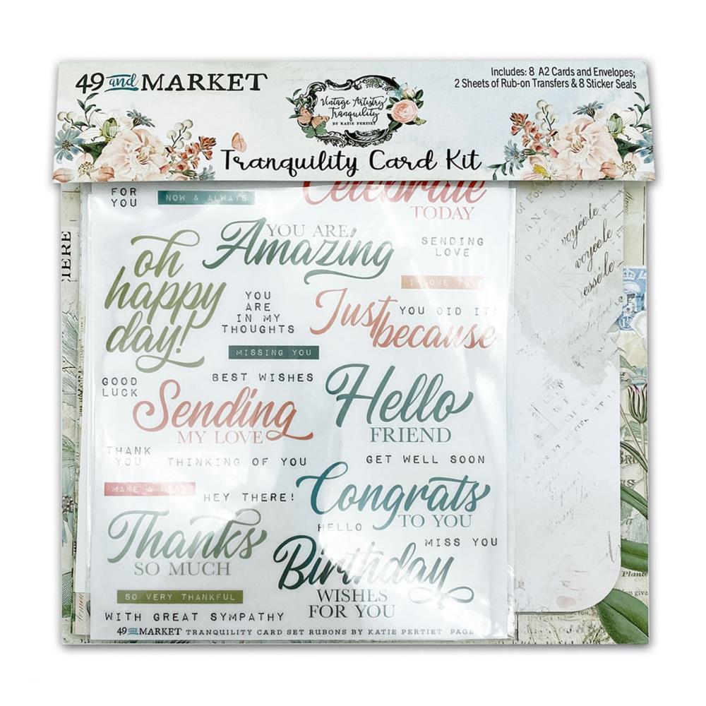 49 And Market - Card Kit - Vintage Artistry Tranquility. 18 piece Card Kit. This kit includes enough cards and envelopes to make eight cards. There are also two sheets of rub-on transfers and eight sticker seals. Available at Embellish Away located in Bowmanville Ontario Canada.