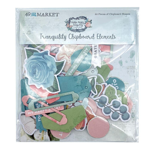 49 And Market - Chipboard Set - Vintage Artistry Tranquility. 62 pieces of thin non-adhesive backed chipboard shapes. This set includes tags, banners, labels, circle shapes, butterflies and more. These pieces can be added to all your crafting projects. Available at Embellish Away located in Bowmanville Ontario Canada.