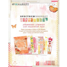 Cargar imagen en el visor de la galería, 49 And Market - Collection Pack 6&quot;X8&quot; - Spectrum Sherbert - Strawberry Lemonade. Collection pack includes a total of 28 sheets of double-sided 6 x 8 inch papers (3 each of 9 designs) plus 1 fussy-cut element paper. Front and back covers have additional patterned papers on backside. Acid Free. Made in USA. Available at Embellish Away located in Bowmanville Ontario Canada.
