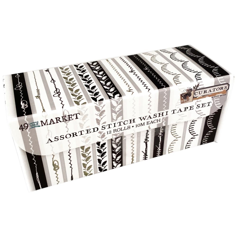 49 And Market - Curators Washi Tape - Stitch Set 12/Rolls Assortment. Includes 12 rolls of assorted stitch washi tape in black, white and sage. Each roll is 10m long. Imported. Available at Embellish Away located in Bowmanville Ontario Canada.