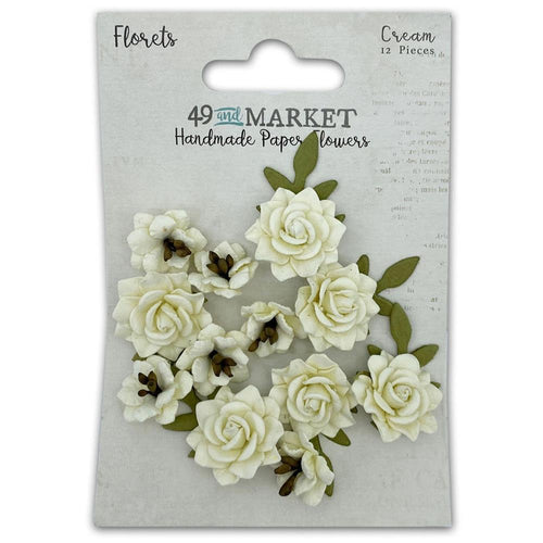 49 And Market - Florets Paper Flowers - Cream. Pack includes 12 separate pieces. This pack of micro flowers range in size from approximately .5 to .875 inches. Some florals have tiny leaves attached. Flowers are handmade. Available at Embellish Away located in Bowmanville Ontario Canada.
